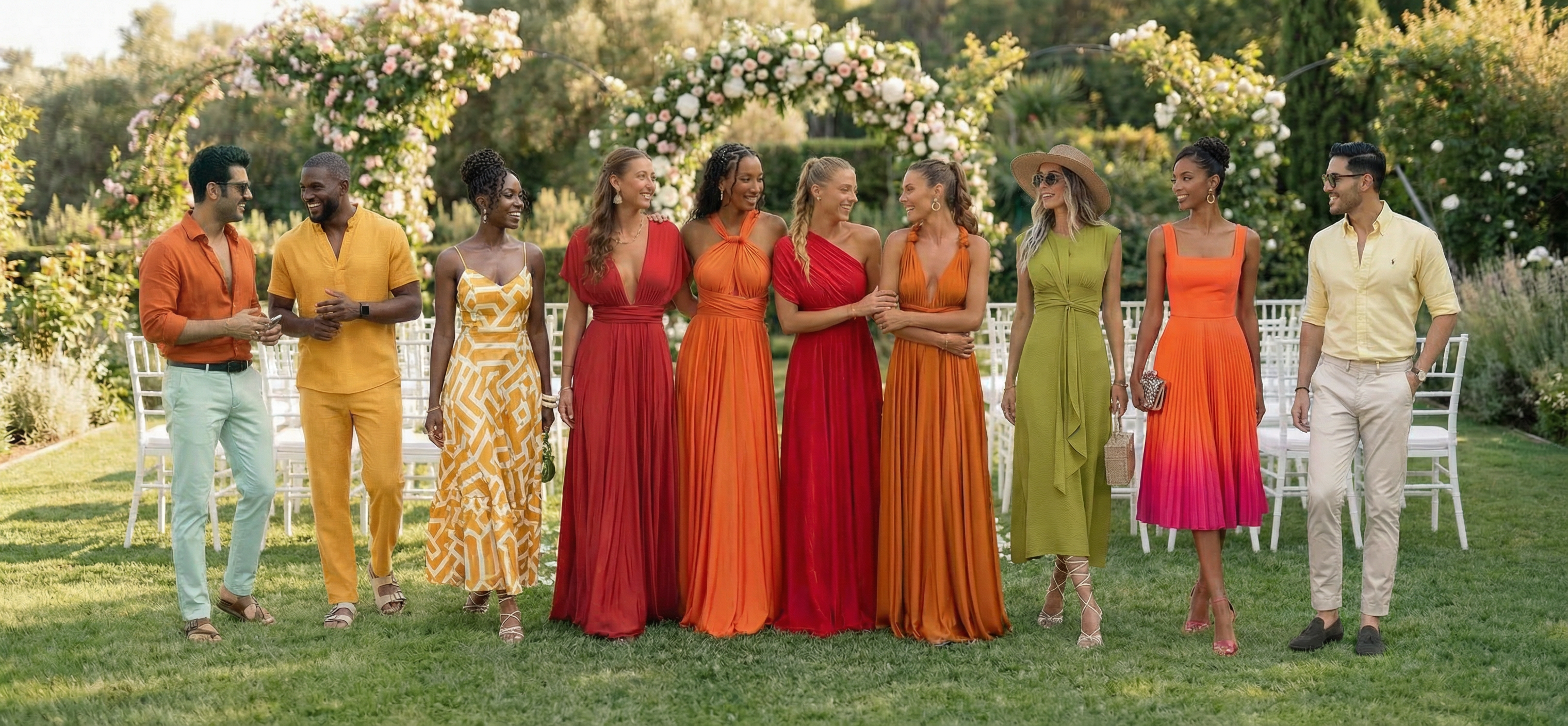 Wedding guests in warm-toned outfits — reds, oranges, yellows, and greens
