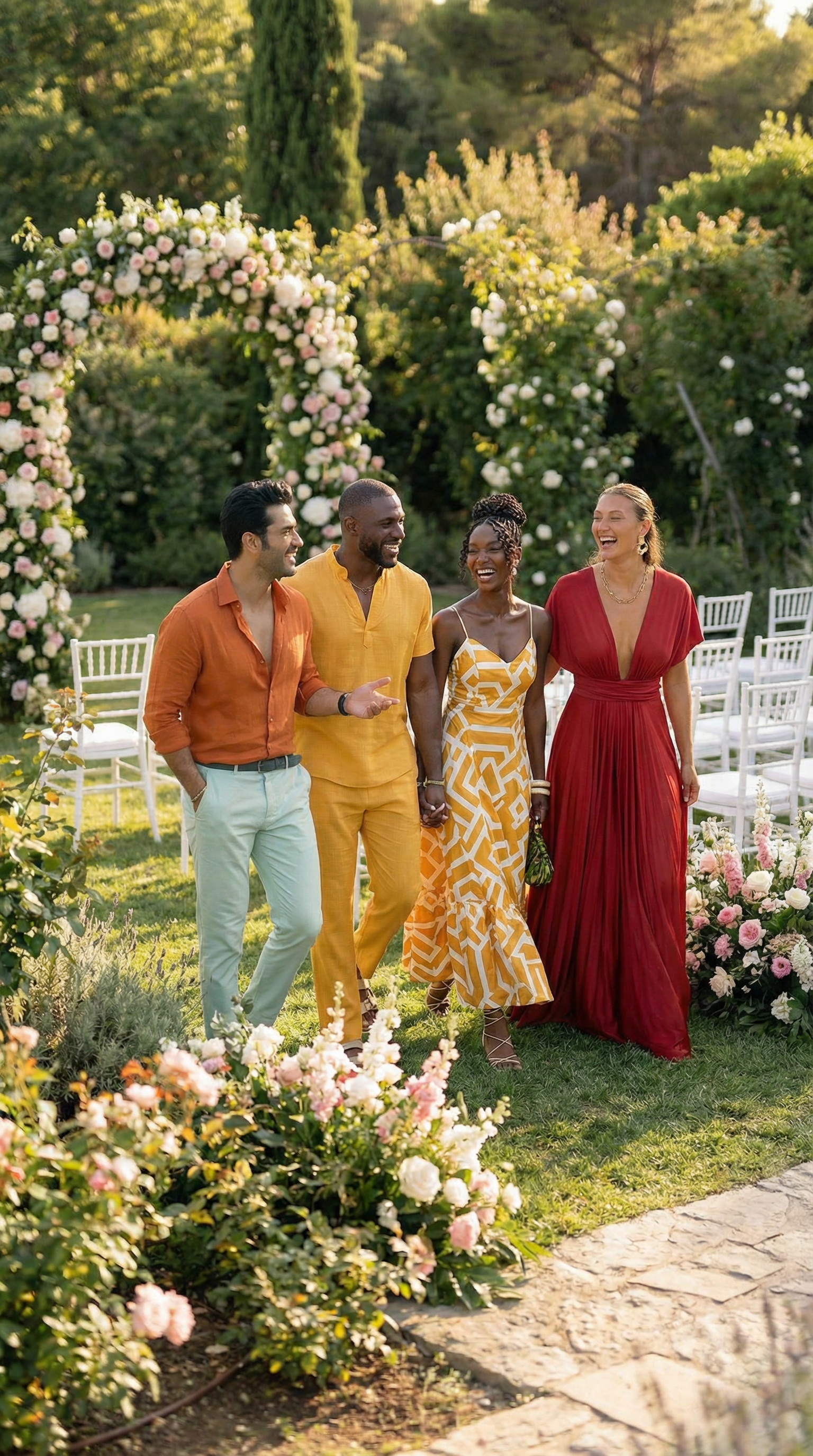 Guests in orange, yellow, and red outfits walking through a garden